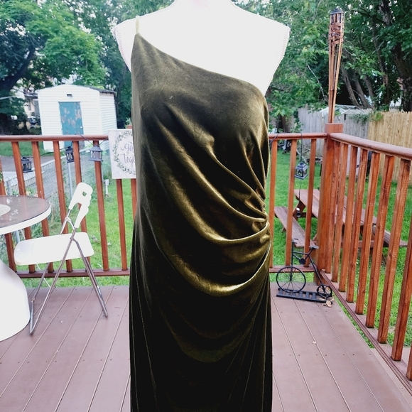 Green Evening Dress Velour One Shoulder Formal Split Side fits L - Picture 2 of 13